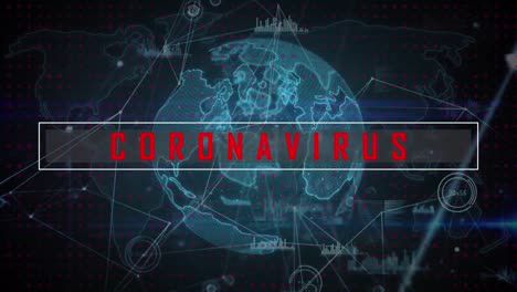 animación de texto de coronavirus covid-19 en todo el mundo, redes de conexiones y procesamiento de datos