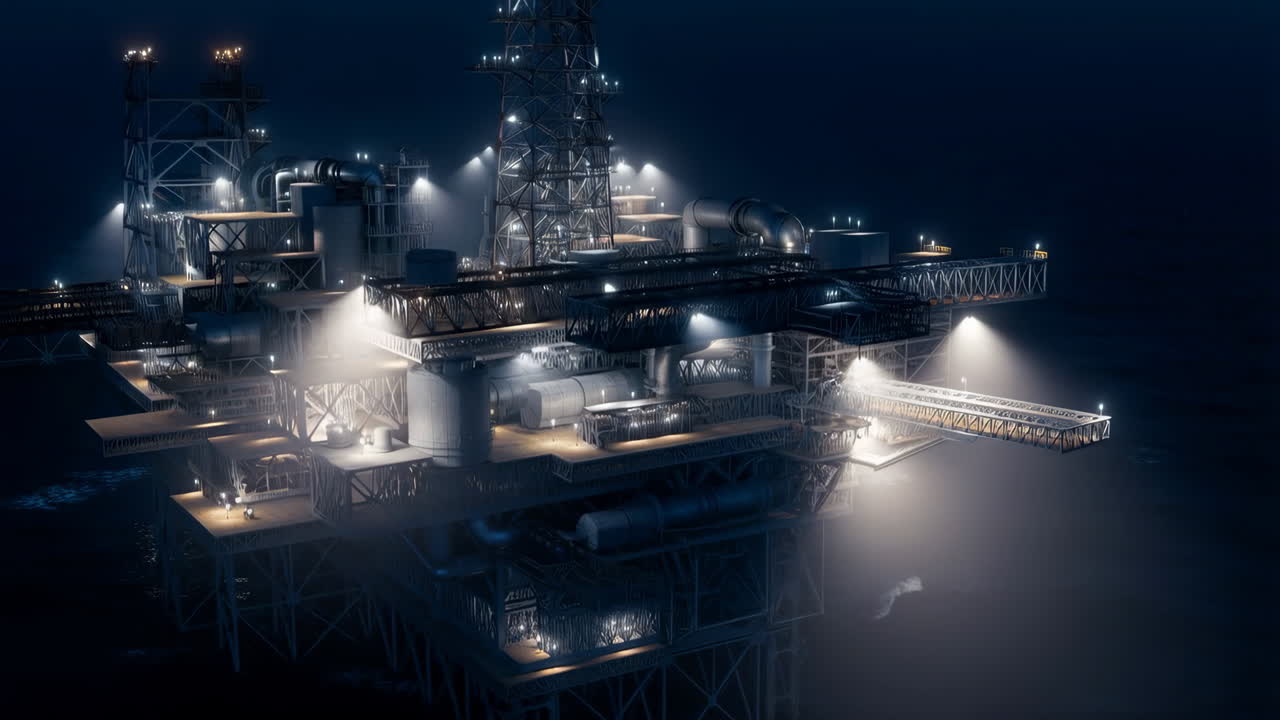 Offshore olieplatform oplyst om natten
