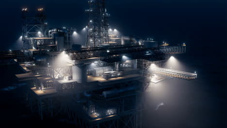 offshore oil rig illuminated at night