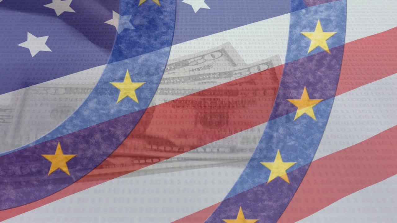 Animazione di stelle su cerchi che girano sopra banconote di dollari americani e una bandiera USA che sventola