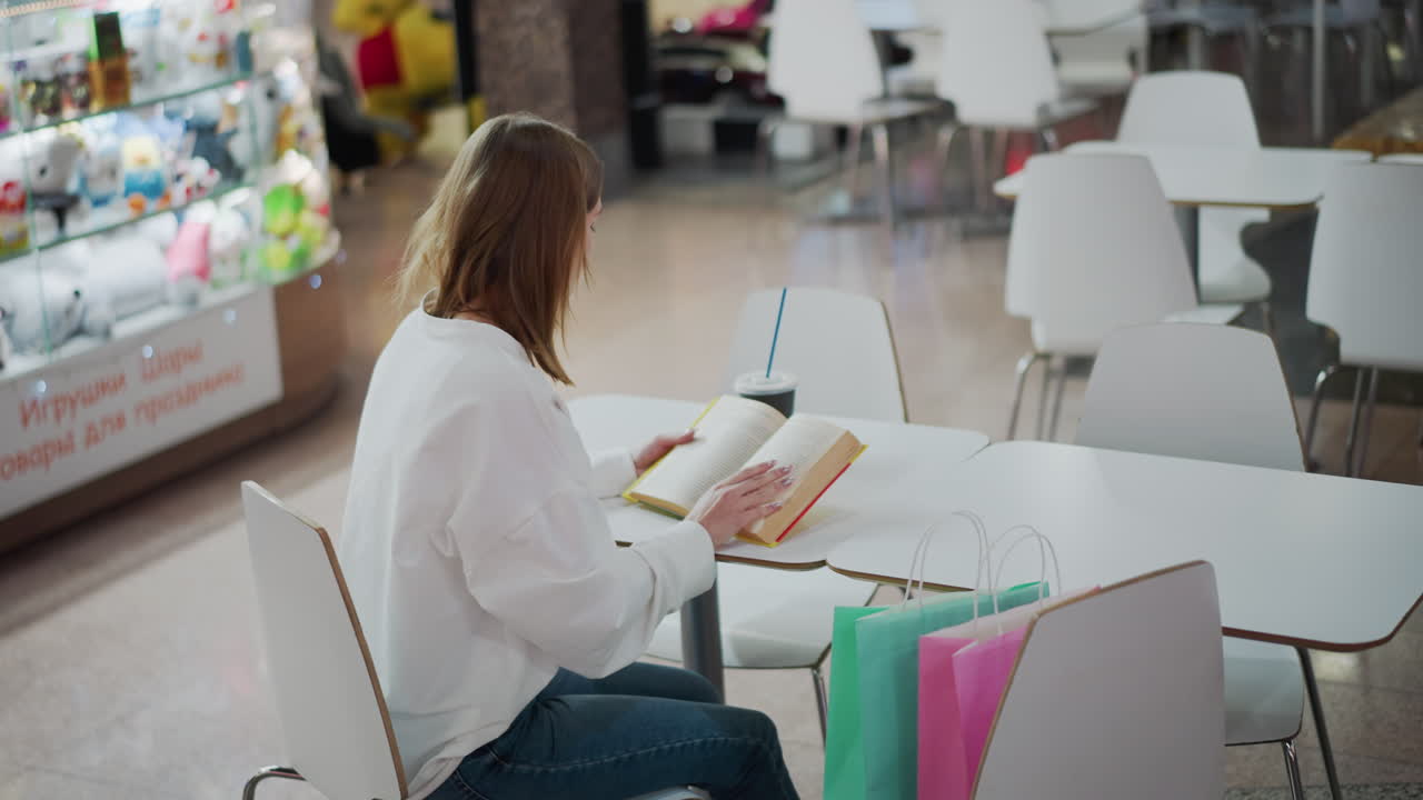 Back view of woman sitting at table in mall reading book, surrounded by shopping bags, soft blur background with people walking by in vibrant mall with lights
