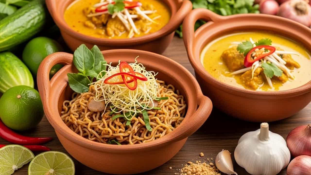 Northern Thai curry noodle soup Khao Soi with chicken and crispy noodles