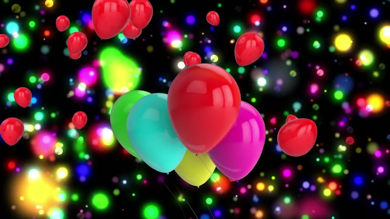 Animazione di palloncini colorati che volano e luci su sfondo nero