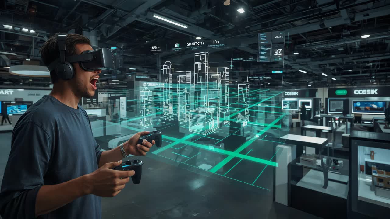 Man Experiencing Virtual Reality in a Smart City Environment