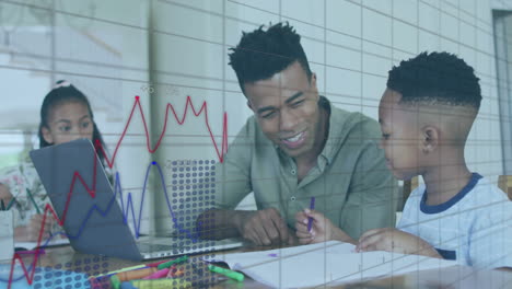 animation of financial data processing over diverse man and son using laptop for homework