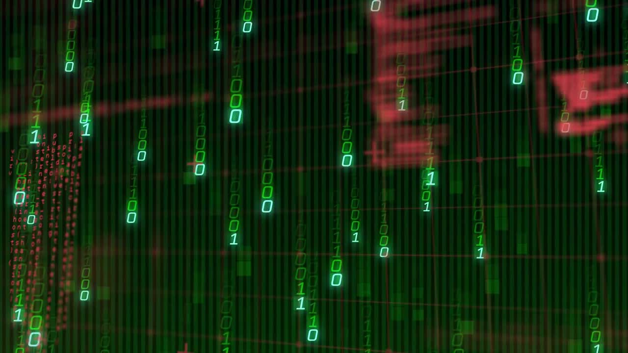 Ved opstart falder grøn binær kode, mens rød kode forskydes, og et trådkors vises for at simulere HUD.
