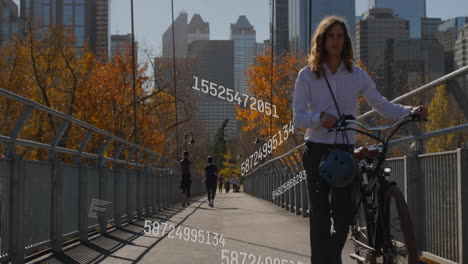 animation of digital data processing over caucasian man with bike in city