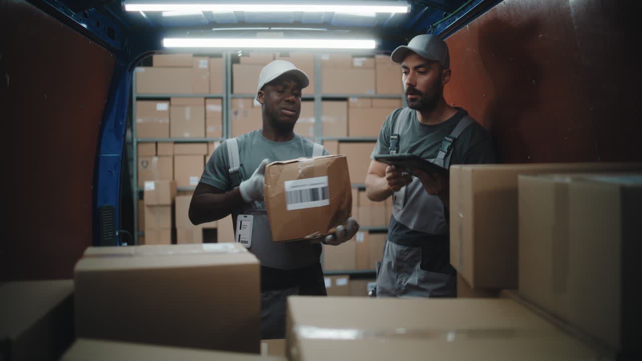 Delivery workers sorting packages in a truck