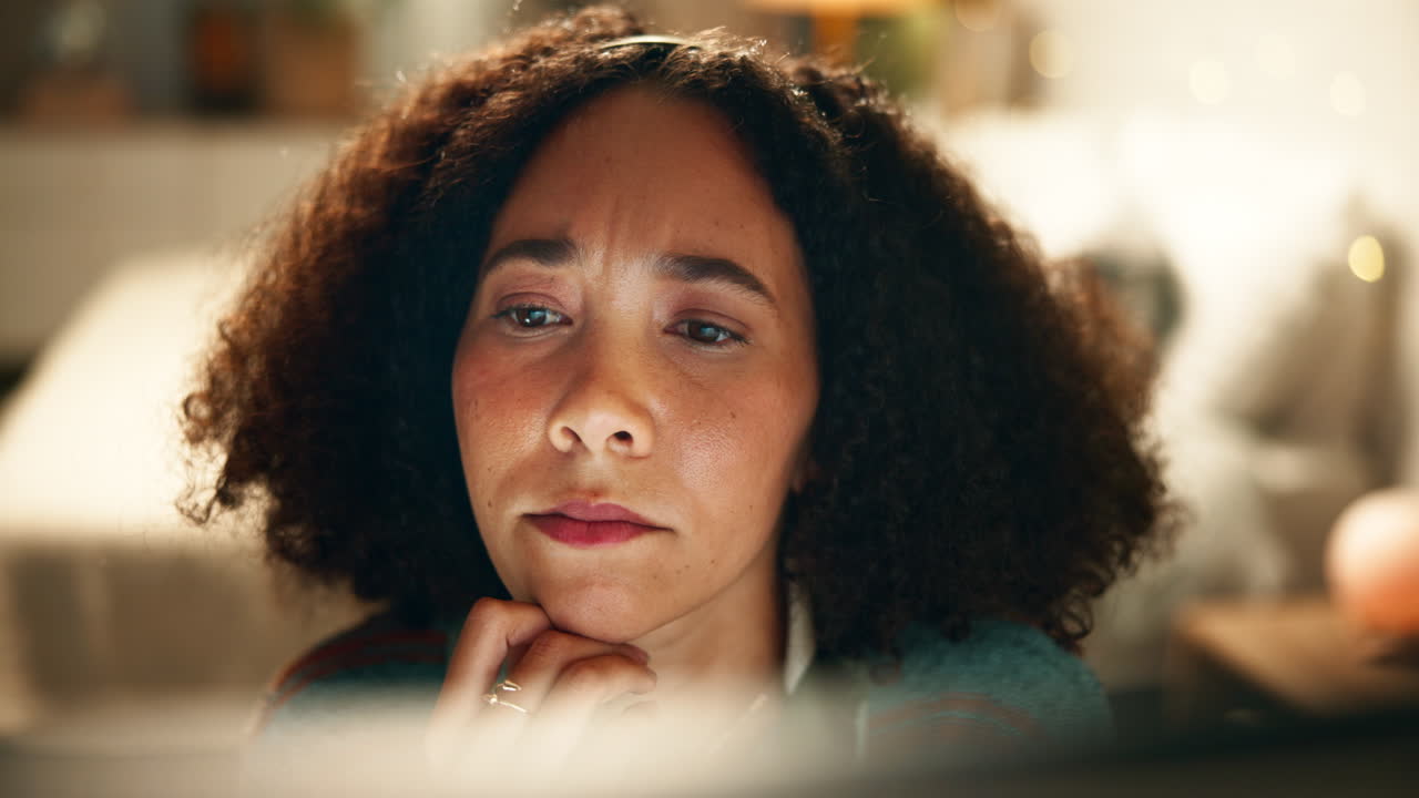 A thoughtful woman with curly hair looking down