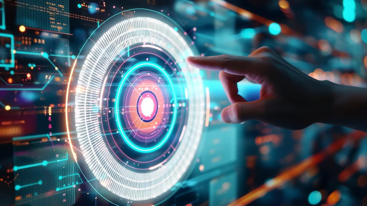 Concept video futuristico con un'angolazione ravvicinata di una mano con un'interfaccia digitale