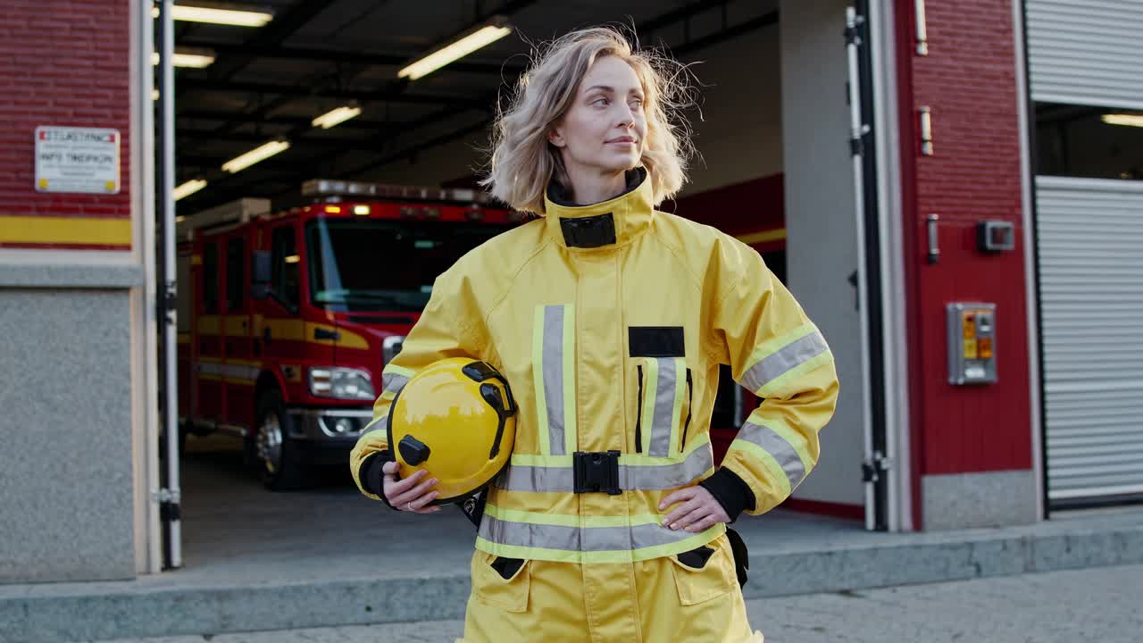mujer bombera confiada con uniforme oficial de pie con la mano en la cadera, sosteniendo un casco amarillo cerca del camión de bomberos dentro de la estación de bomberos, encarnando el espíritu profesional de los servicios de emergencia