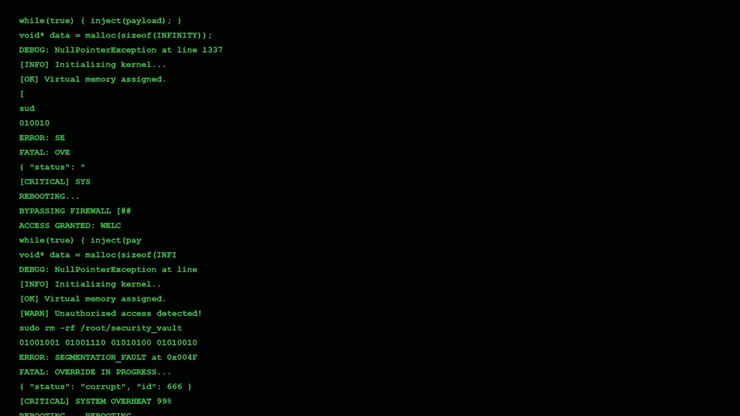Digital Hacking Interface with Scrolling System Code and Security Warnings
