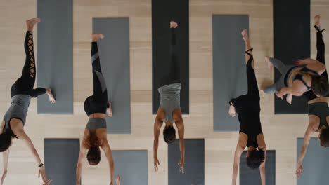 top view yoga class instructor teaching warrior pose to group of women enjoying healthy lifestyle exercising in fitness studio