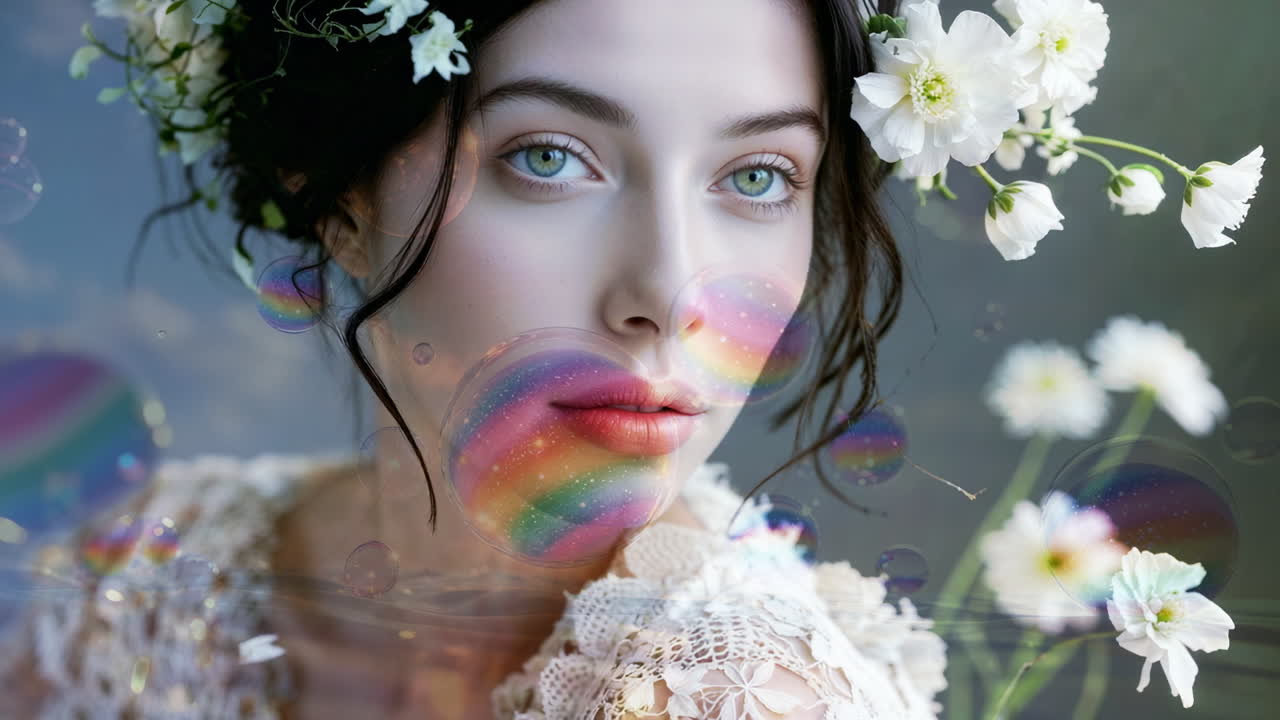 Ethereal Woman with Floral Crown and Iridescent Bubbles