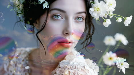 ethereal woman with floral crown and iridescent bubbles