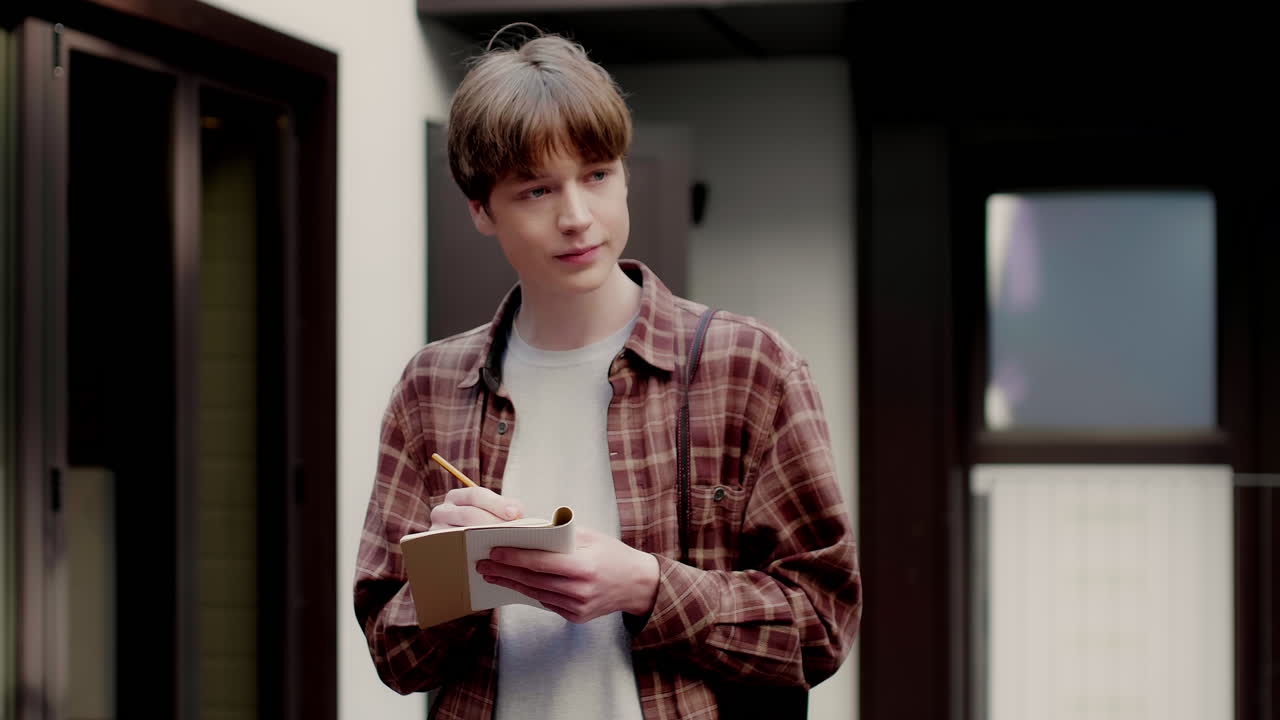 Caucasian boy in university campus.