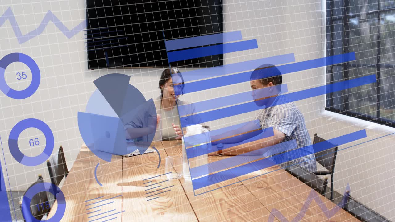 Woman speaking, gesturing, causing data overlay; man using phone, viewing charts for business