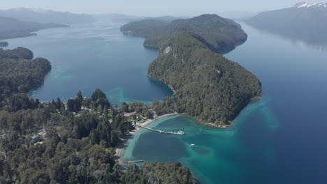 aerial - nahuel huapi lake in arrayanes national park, villa la angostura, neuquen, argentina, circling