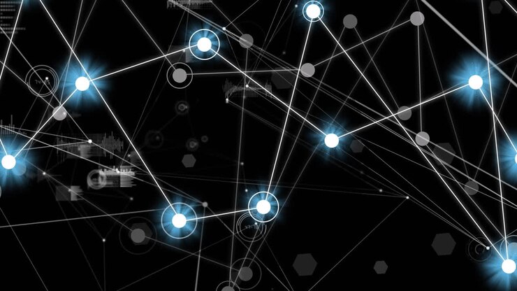 Animation of network of connections with glowing spots and data processing on black background