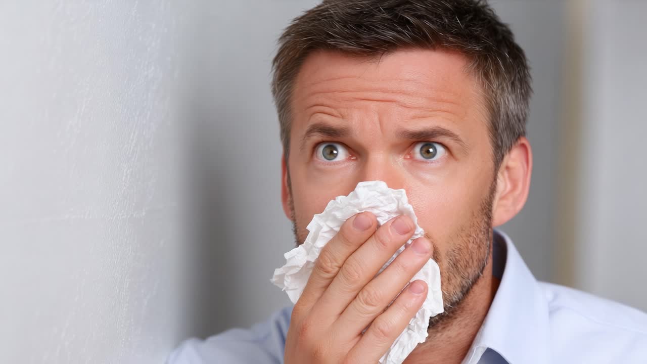 A distressed man reacts anxiously while holding crumpled tissue to his face, capturing a moment of vulnerability and emotional struggle against an indifferent backdrop