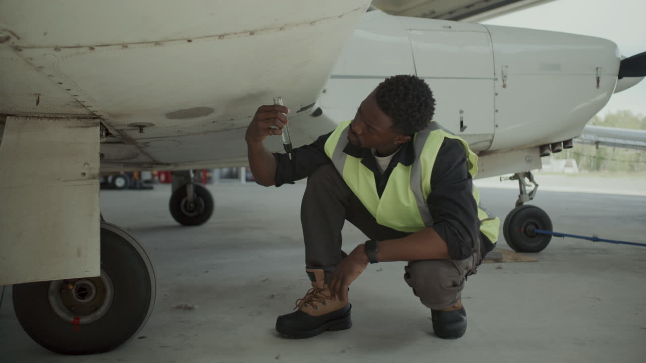 African American Technician Checking Fuel Sample beneath Aircraft in Hangar