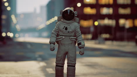 astronaut explores the city streets under a starry sky