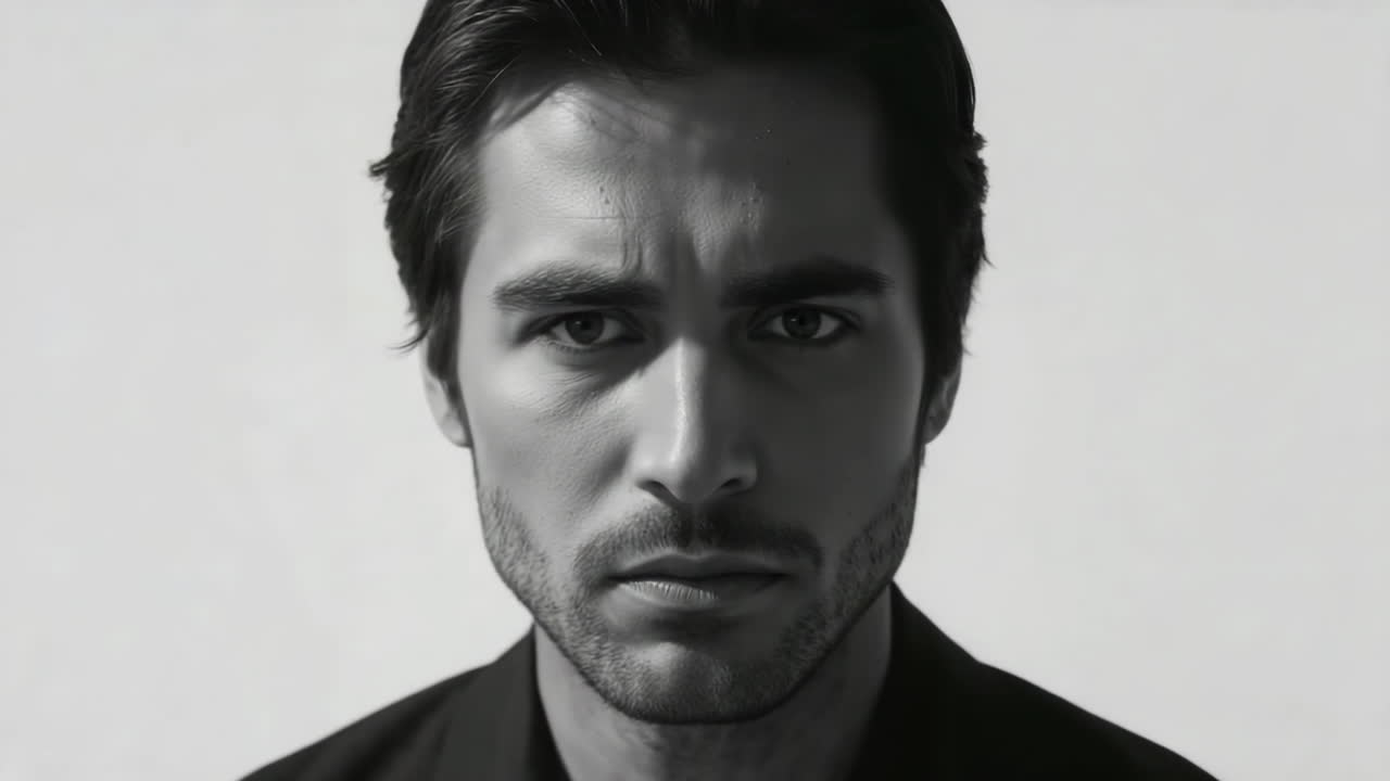 Retrato intenso de um homem em preto e branco