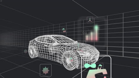animación de múltiples iconos digitales sobre un modelo de coche 3d que se mueve en un patrón sin fisuras en un túnel