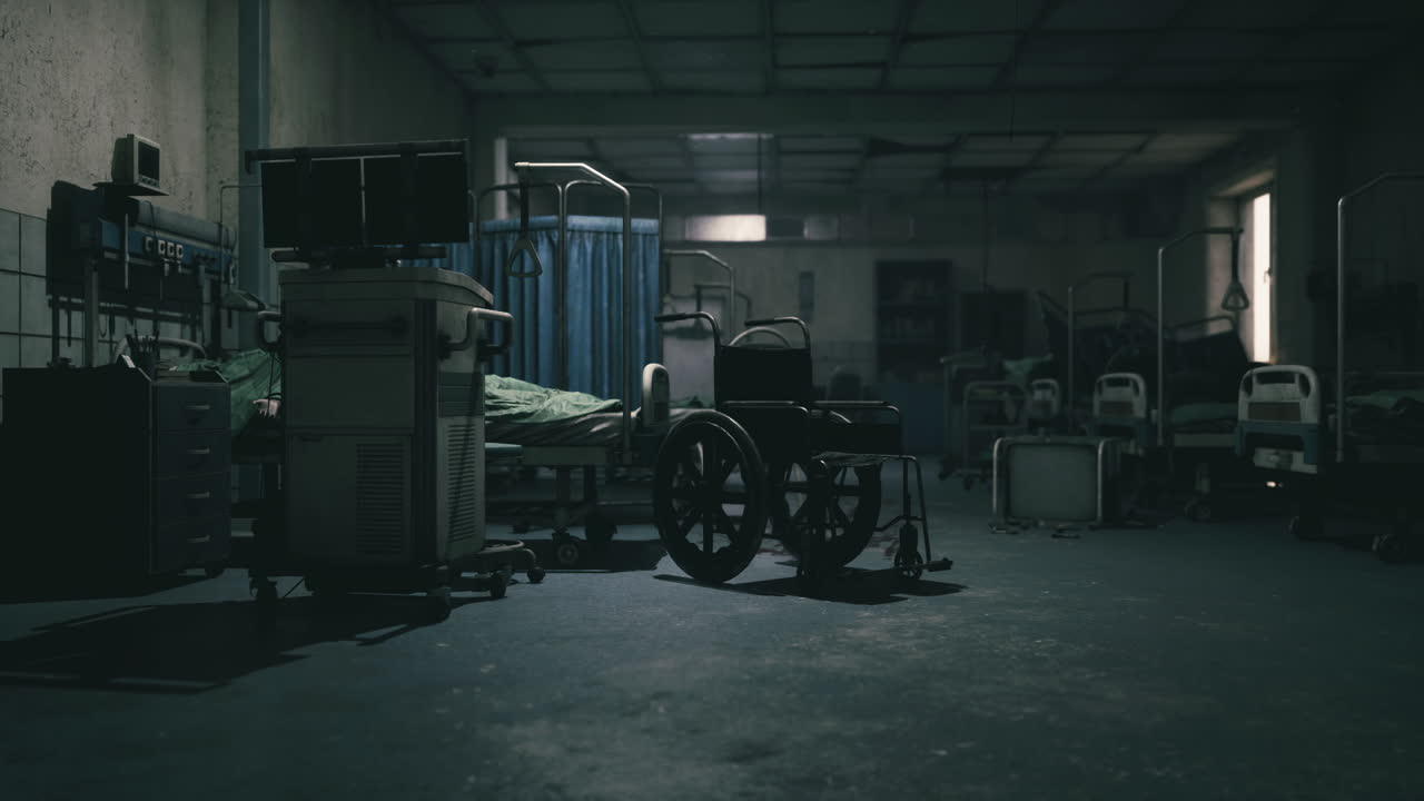 희미 한 빛 에 빈 체어 가 있는 버려진 병원 방