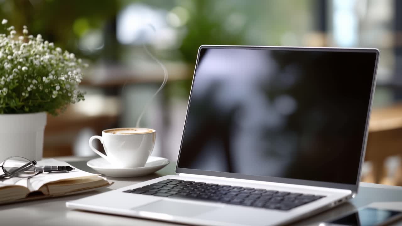 Uno spazio di lavoro accogliente con un laptop, caffè e piante: un'atmosfera perfetta per la produttività e la creatività in un ambiente rilassato.