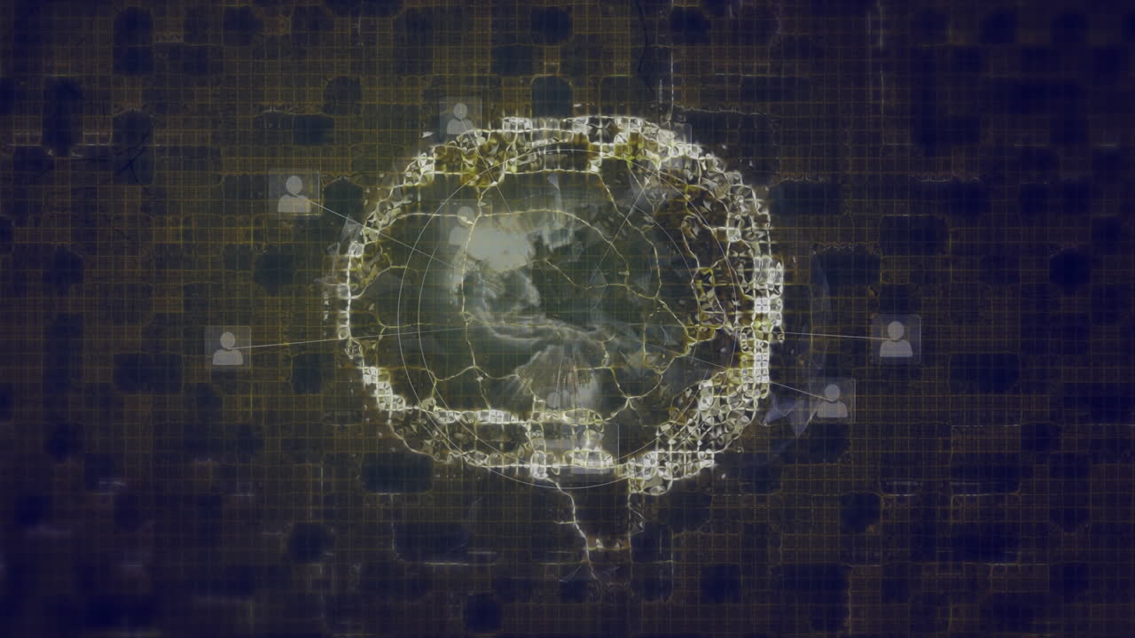 Animation of brain rotating over network of people icons on dark background