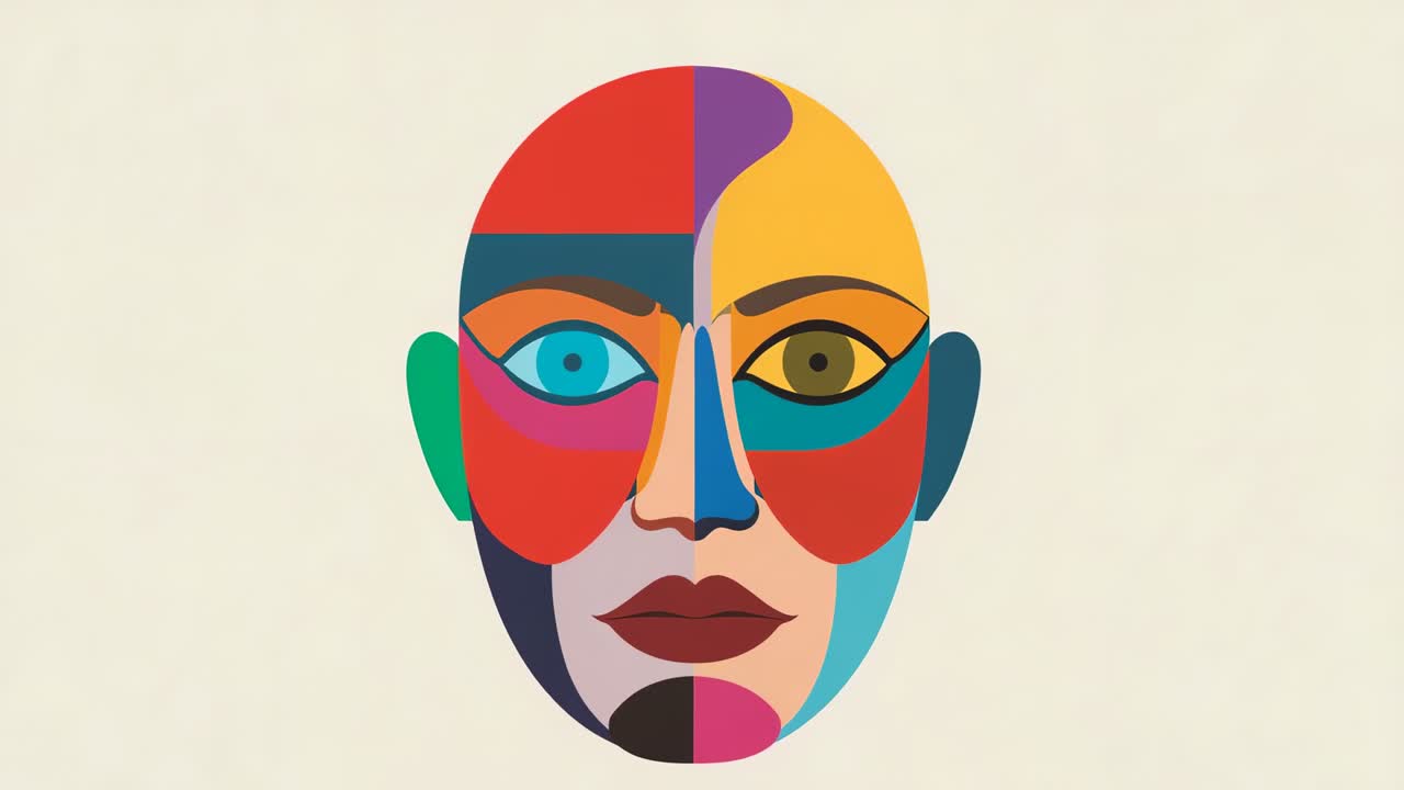 Playback starting displaying colorful face staying centered in beige backdrop, showing geometry