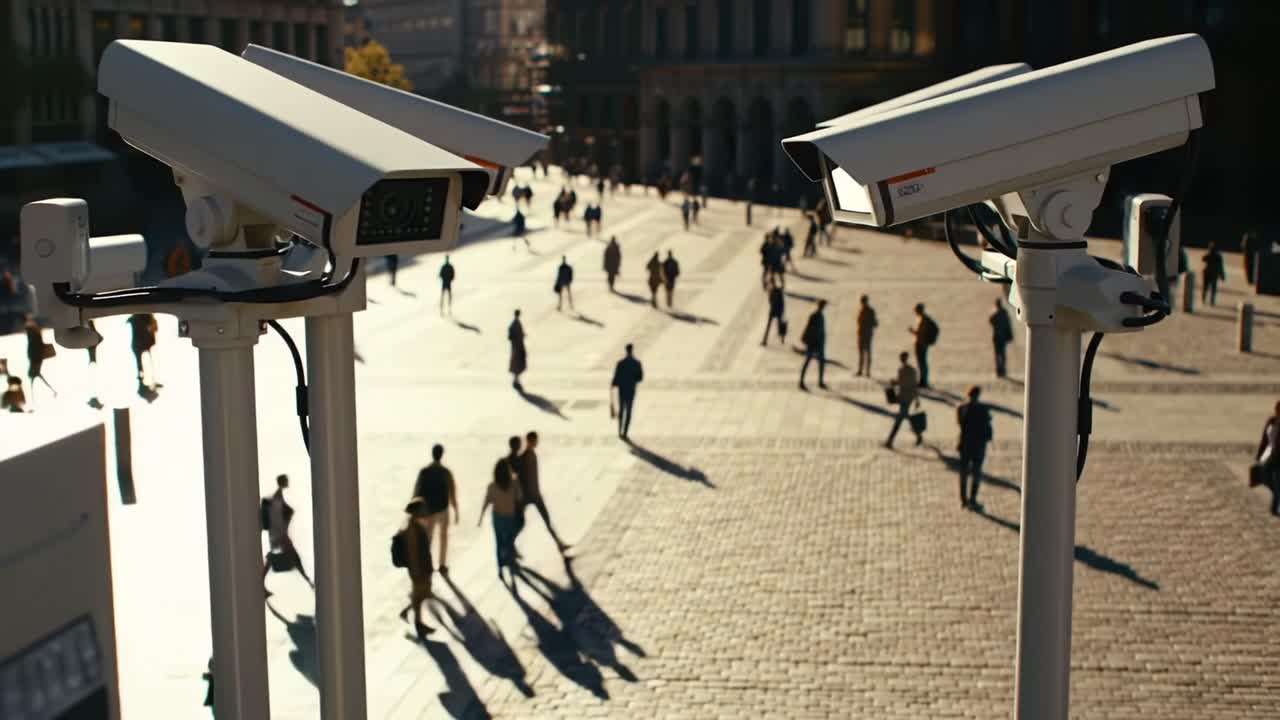Surveillance Cameras Overlooking a Bustling Square: An Insight into Modern Security Measures in Public Spaces with Pedestrians Navigating the Area