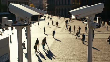 surveillance cameras overlooking a bustling square: an insight into modern security measures in public spaces with pedestrians navigating the area