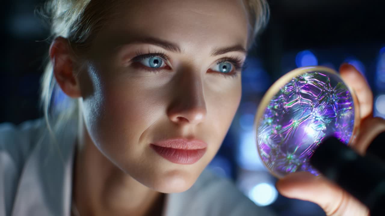 Een geconcentreerde onderzoeker bestudeert een betoverend, iriserend specimen door een lens en benadrukt de ingewikkelde patronen en texturen die haar aandacht trekken in een goed verlichte laboratoriumomgeving
