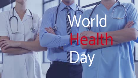 Animation-of-world-health-day-text-over-diverse-doctors