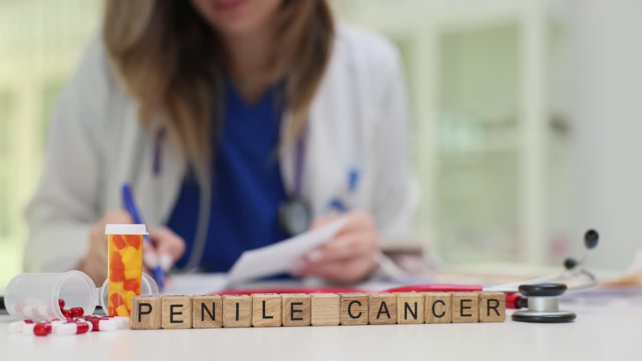 Medical professional with 'Penile Cancer' message on wooden blocks