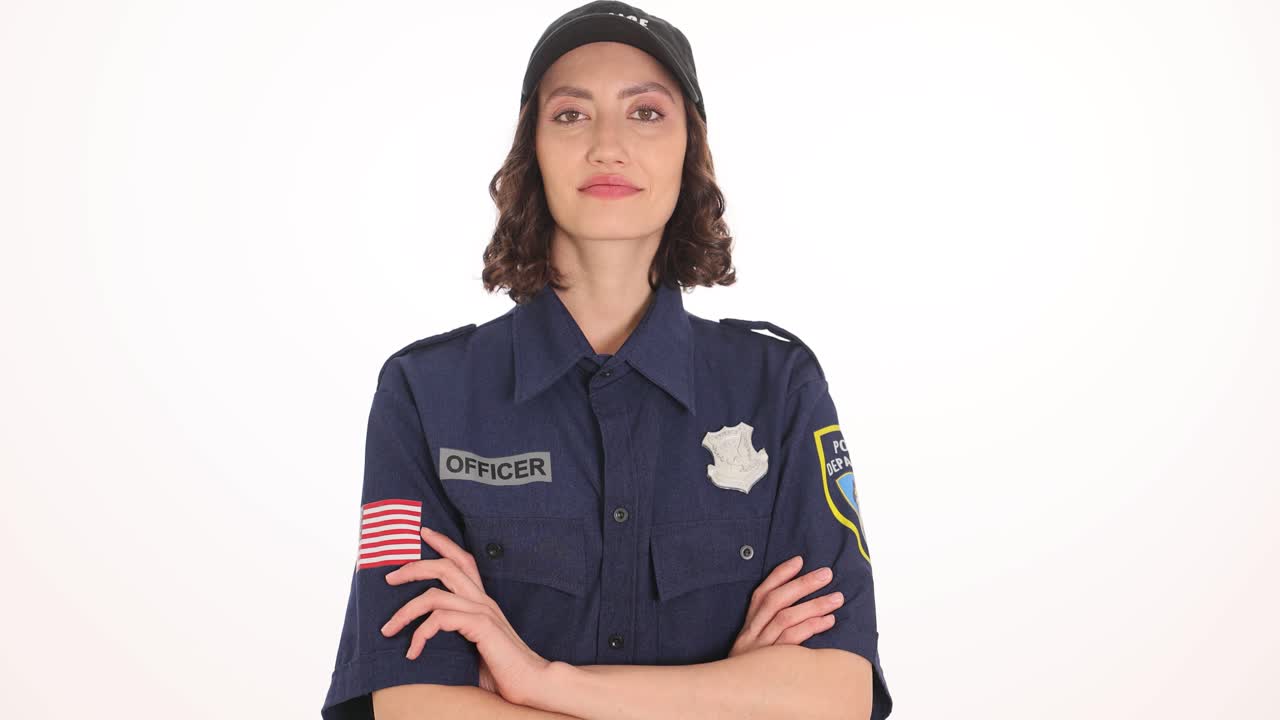 Lady police officer stands with arms crossed on white background
