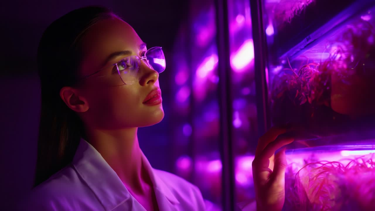 An engrossing scientist observes vibrant plant life illuminated by purple lighting in a modern laboratory setting, emphasizing the intersection of nature and technology through a contemplative expression