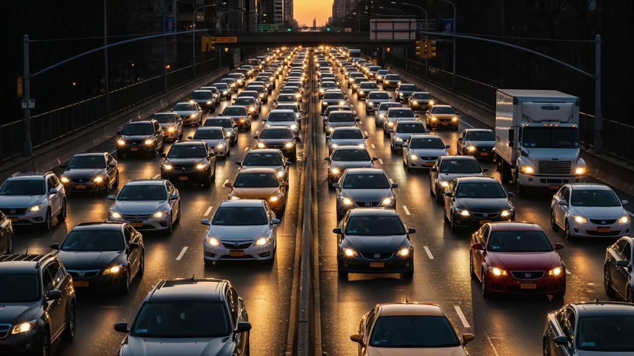 Bumper-to-Bumper: A Stunning Evening Traffic Jam with Rows of Cars Lit by Golden Sunset, Capturing the Essence of Urban Congestion and Commuter Life