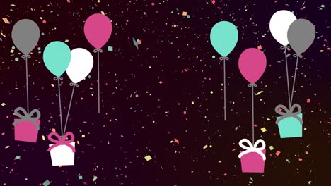 Animation-of-multiple-colourful-balloons-with-birthday-presents-over-colourful-confetti-falling