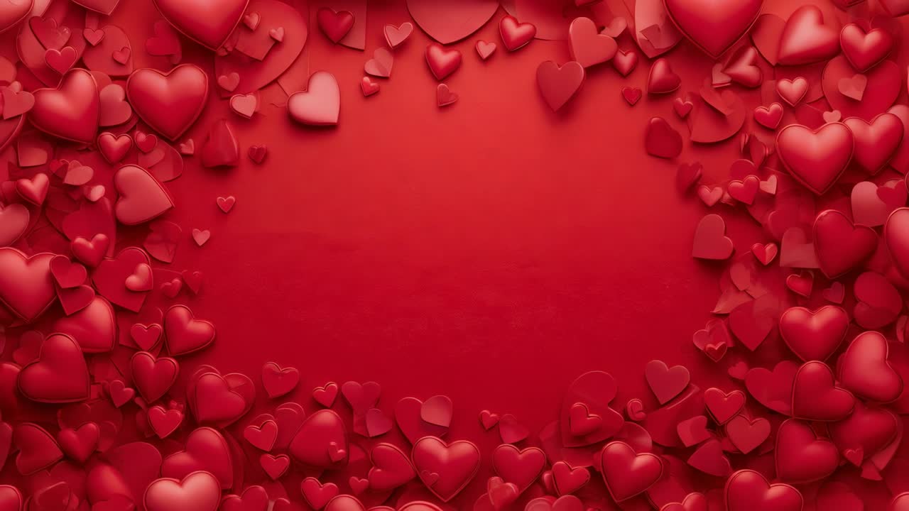 Animazione di cuori rossi in 3D che si stringono attorno a un vuoto rosso centrale in un set digitale, formando una cornice con illuminazione soffusa