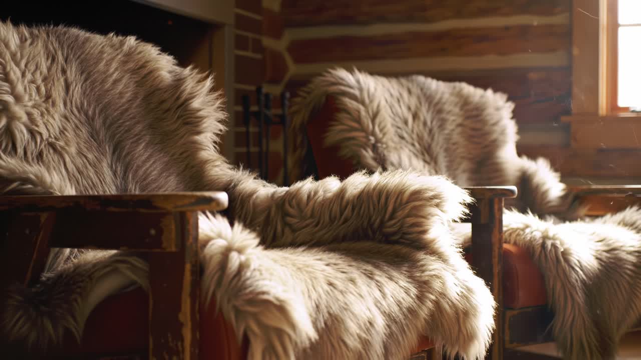 Cozy Armchairs Adorned with Plush Fur Throws in a Rustic Cabin, Bathed in Warm Light and Inviting Atmosphere for Relaxation and Comfort