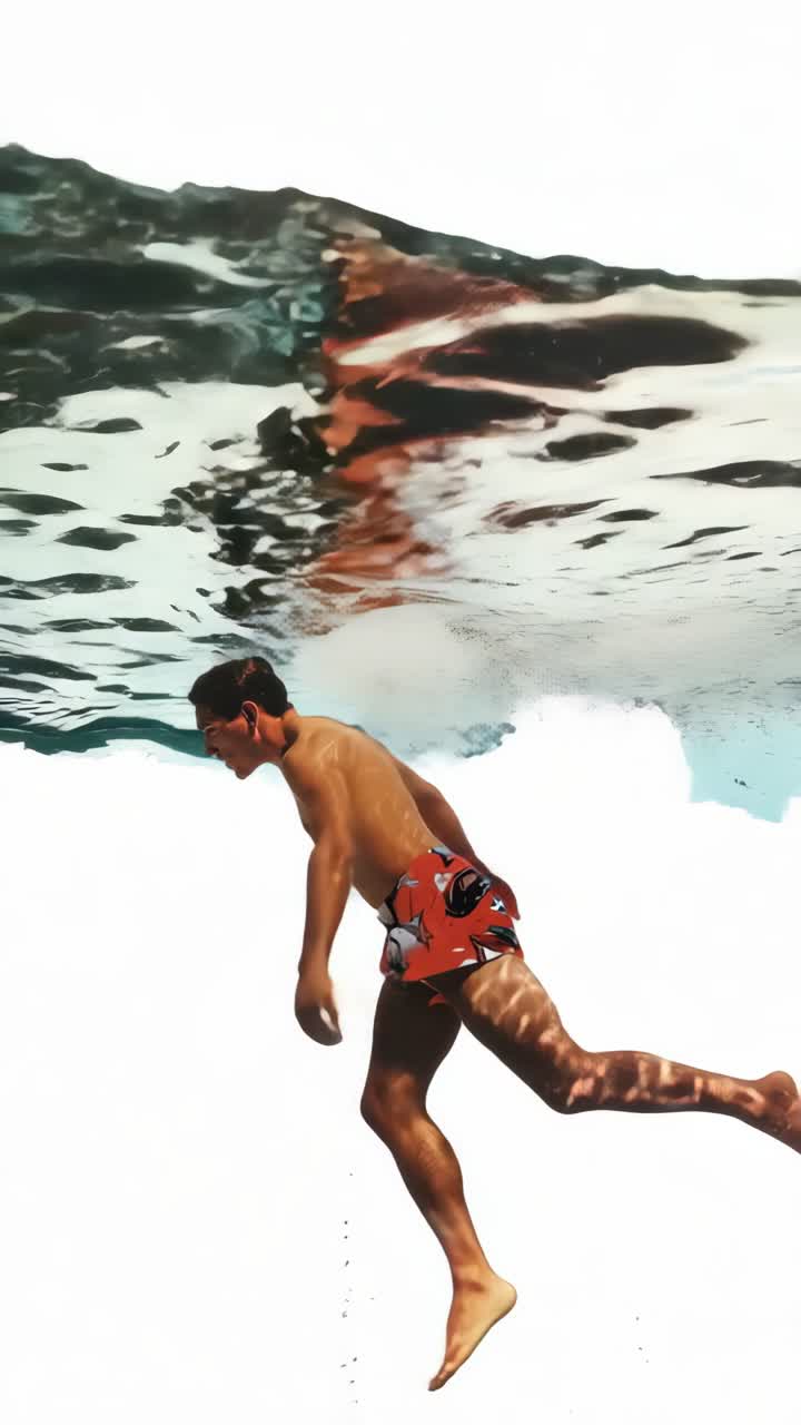 Video subacqueo che mostra un uomo che nuota in pantaloncini rossi. Acquisito da un angolo laterale