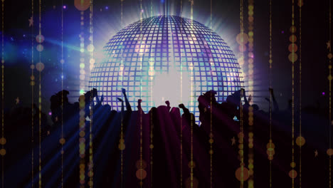 animation of crowd of people dancing in music venue with mirror ball spinning and colourful lights