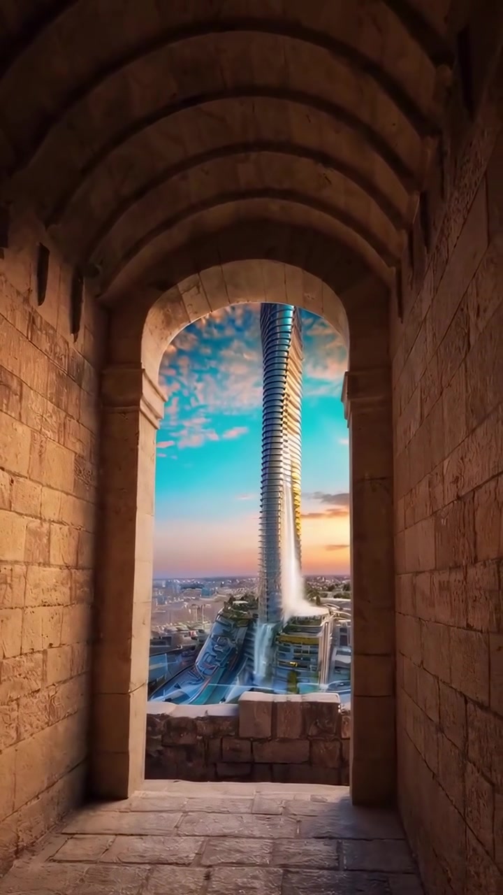 Vista di un moderno grattacielo attraverso un antico arco in pietra