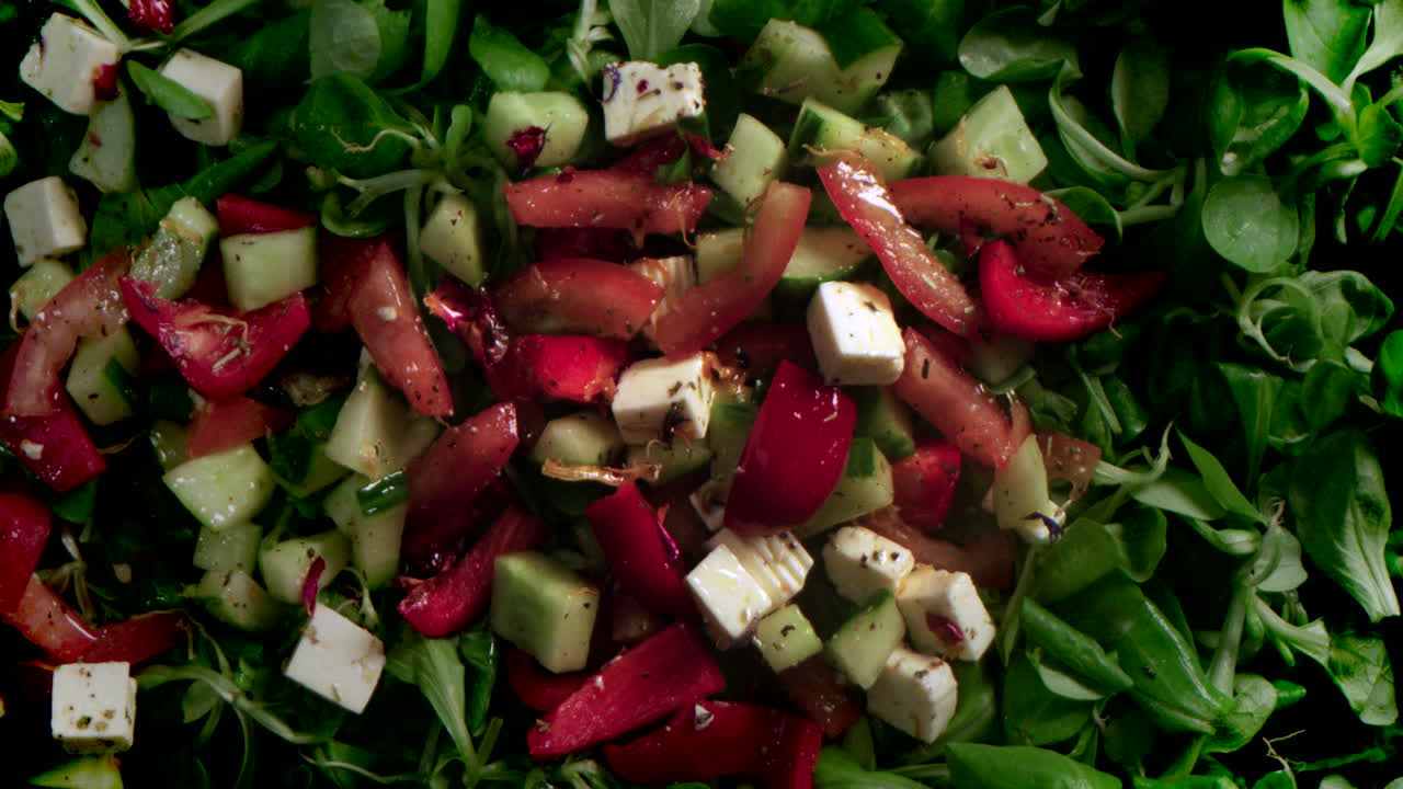 토마토, 파프리카, 오징어, 페타 의 조각 들 이 옥수수  ⁇ 러드 에 던져진다