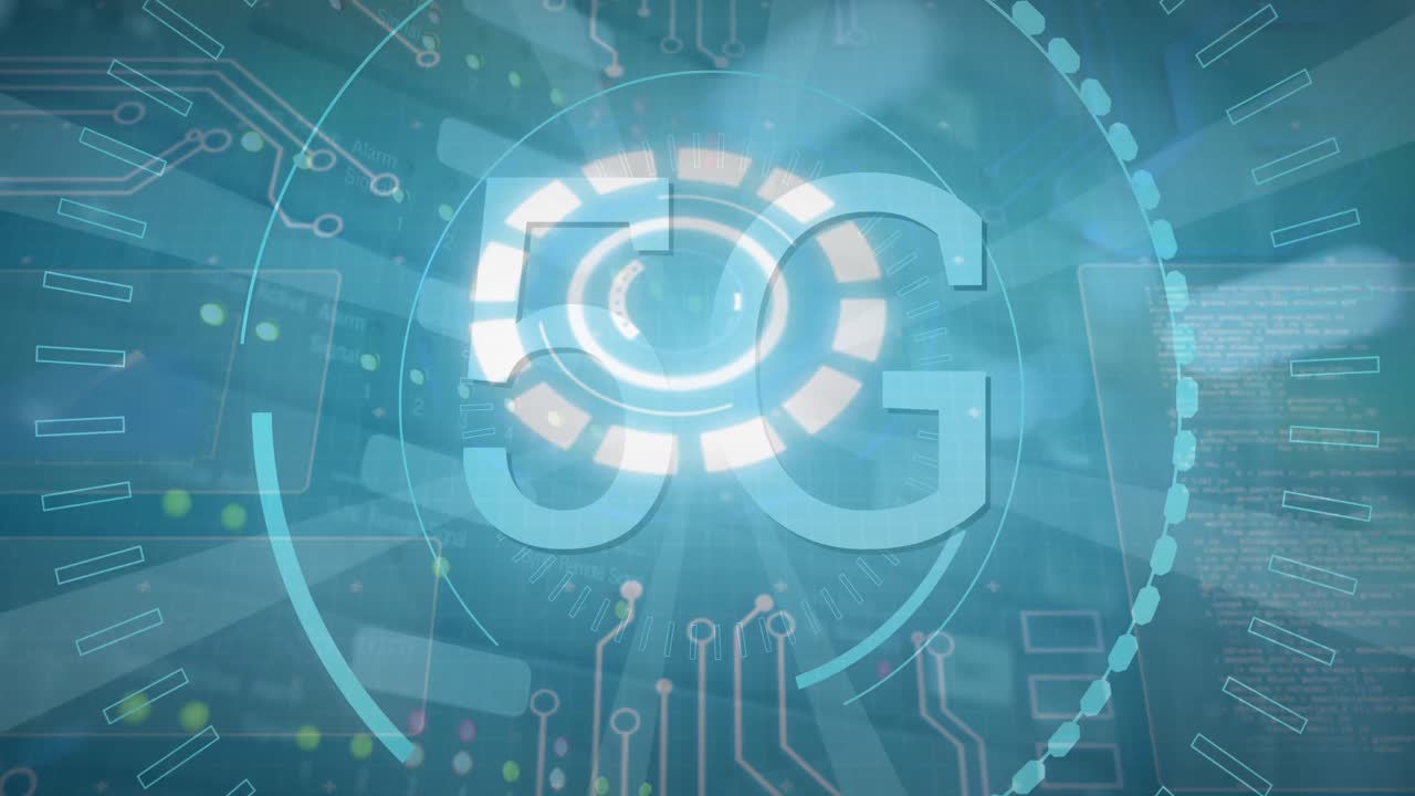 animación de la interfaz digital con texto 5g sobre fondo azul