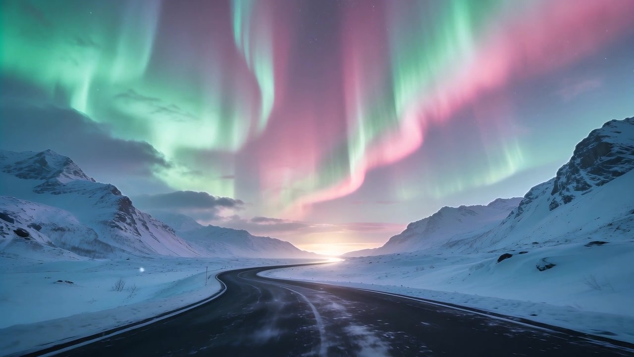 Strada curva con segnaletica orizzontale e chiazze di ghiaccio che guida verso un orizzonte luminoso, mentre l'aurora si illumina.