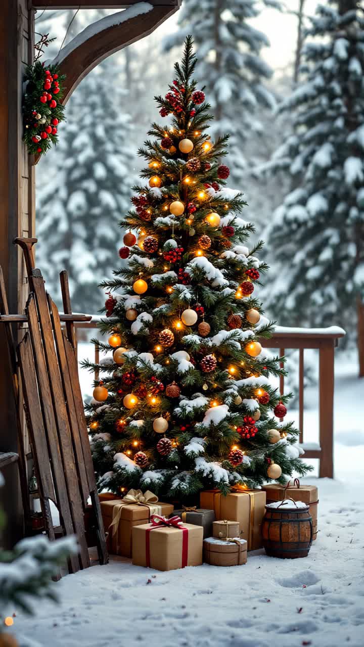 Rustic Christmas Tree Decorated Outdoors in the Snow
